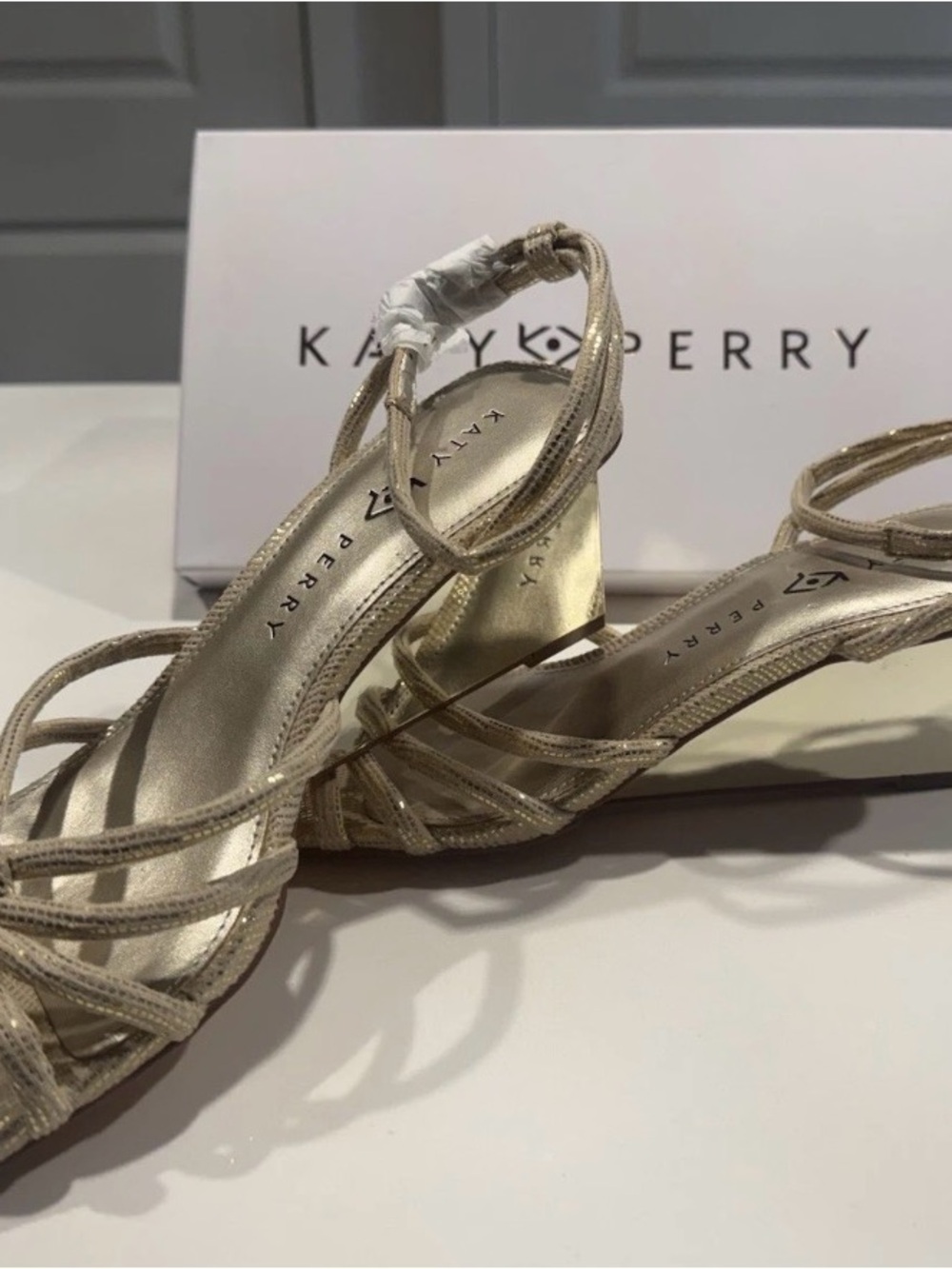 NEW NWT Katy Perry Sz 9.5 Gold Strappy Wedge Sandals with Ankle Tie - Picture 2 of 6